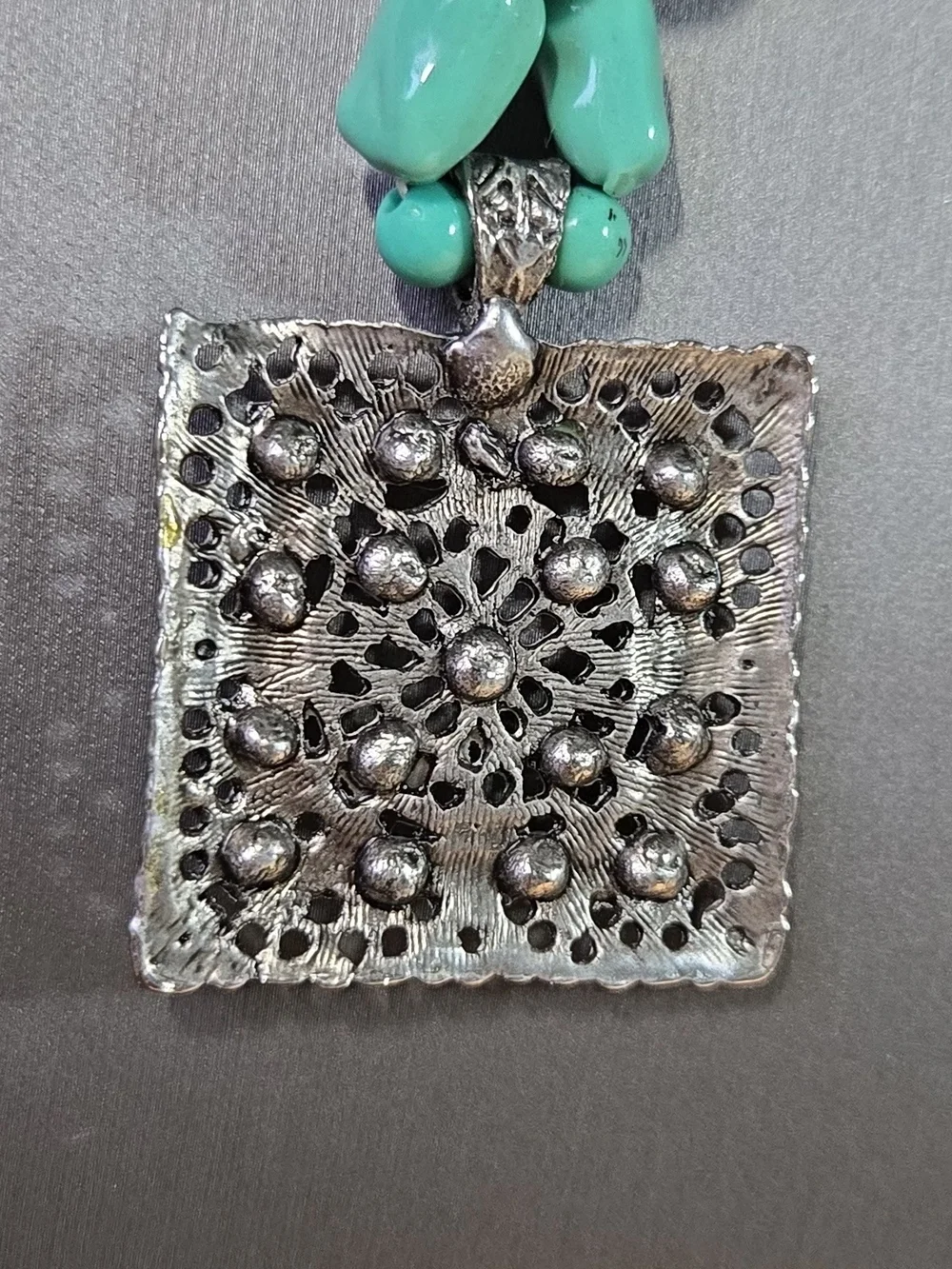 Turquoise Style Bead Necklace with Silver Filigree Pendant